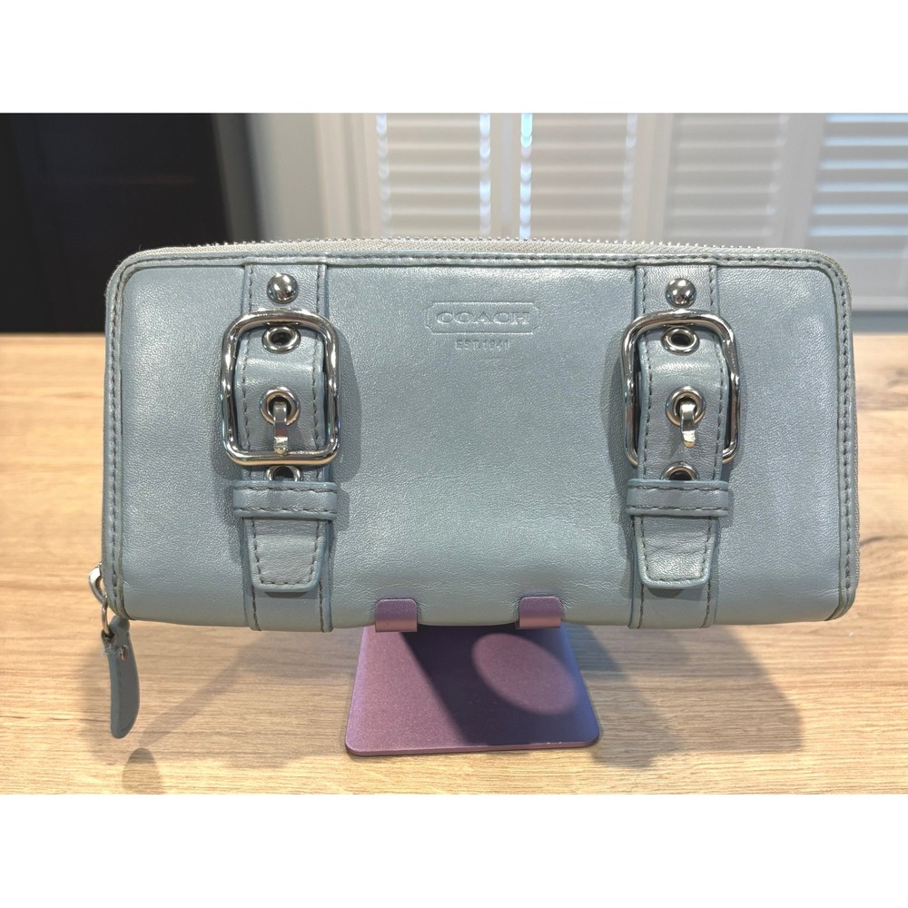 Coach Soho Zoe Double Buckle Legacy Wallet Zipper Dusty‎ Blue w/ Silver Hardware